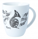 Henkelbecher bedruckt mit diversen Instrumenten und musikalischen Motiven - Instrumente / Design: Horn