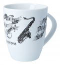 Henkelbecher bedruckt mit diversen Instrumenten und musikalischen Motiven - Instrumente / Design: Saxophon