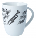 Henkelbecher bedruckt mit diversen Instrumenten und musikalischen Motiven - Instrumente / Design: Trompete