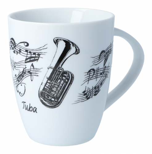 Henkelbecher bedruckt mit diversen Instrumenten und musikalischen Motiven - Design: Tuba