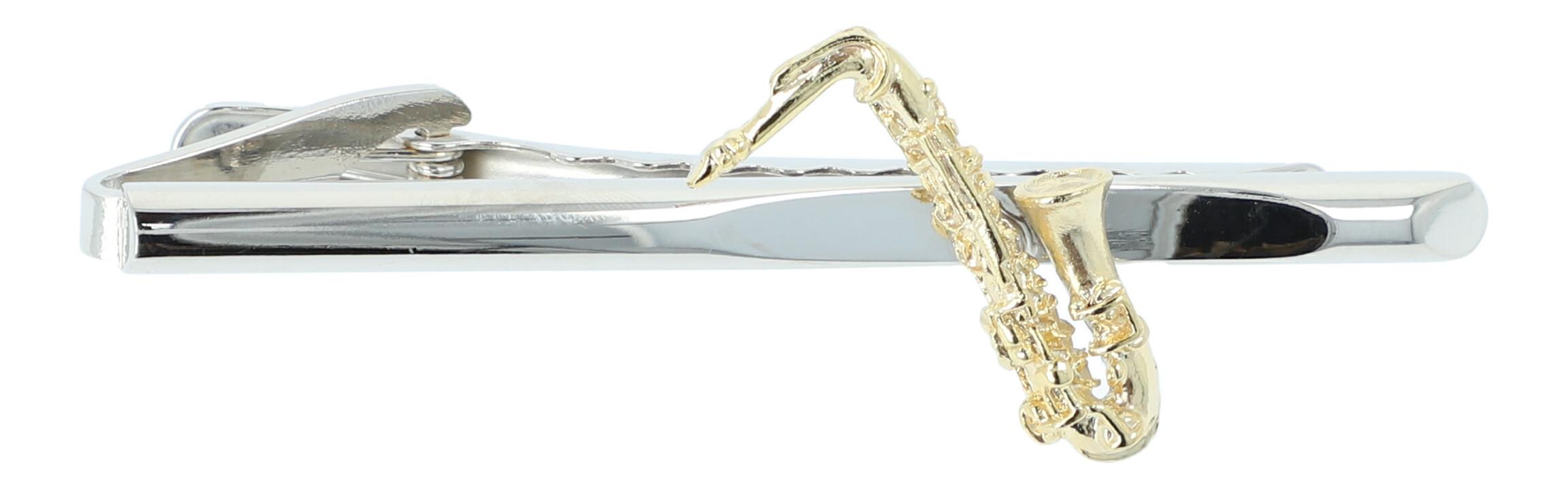 Krawattenklammer, Träger silberplated, Saxophon goldplated Krawattenklammer, Träger silberplated, Saxophon goldplated