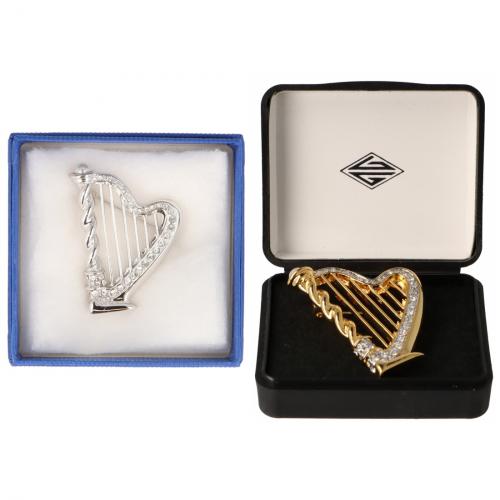 Brosche Harfe mit Schmucksteinen in Geschenkbox, Farbe silber oder silber matt