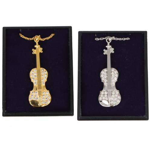 Anhnger Violine mit Schmucksteinen und Kette in Geschenkbox, Farbe gold oder silber