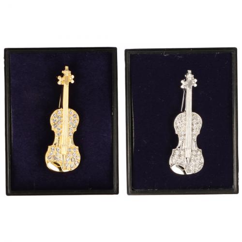 Brosche Violine mit Schmucksteinen in Geschenkbox, Farbe gold oder silber