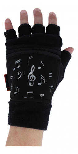 Noten-Motiv-Thermofleece-Handschuhe, Kurzfinger, Overflap, zwei Größen, mit Heizkissen (Hotliner) - Größe: S/M