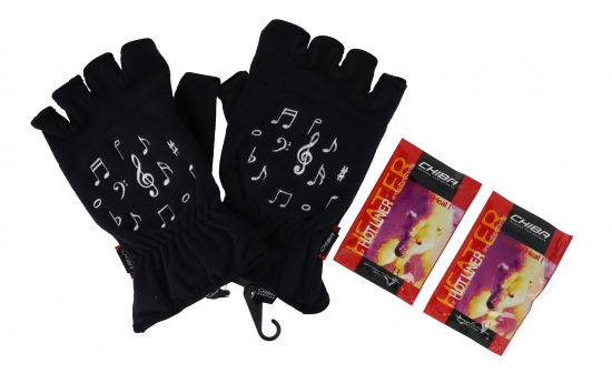 Noten-Motiv-Fleece-Handschuhe, zwei Gren, Kurzfinger, mit Heizkissen - Gre: S/M