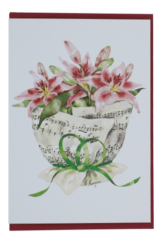 Doppelkarte, Notenstrau, verschiedene Blumen - Karte: Lilien