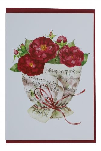 Doppelkarte, Notenstrau, verschiedene Blumen - Karte: Rosen rot