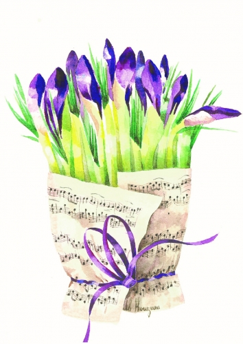 Doppelkarte, Notenstrau, verschiedene Blumen - Karte: Iris